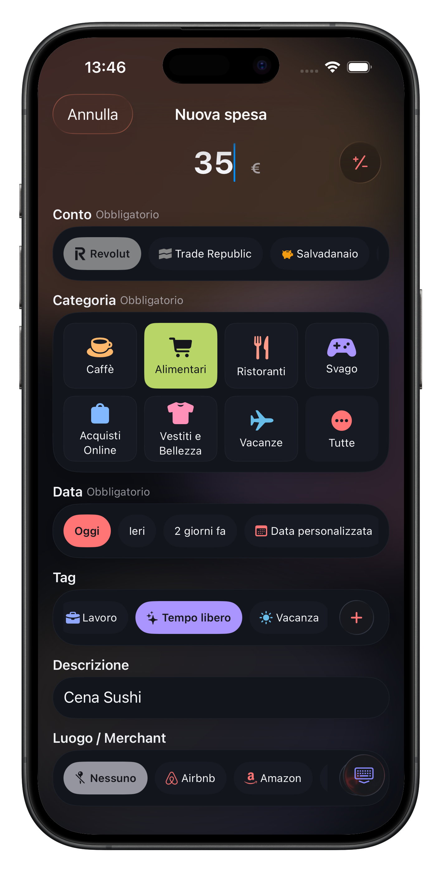 Schermata per registrare una nuova spesa in Numa