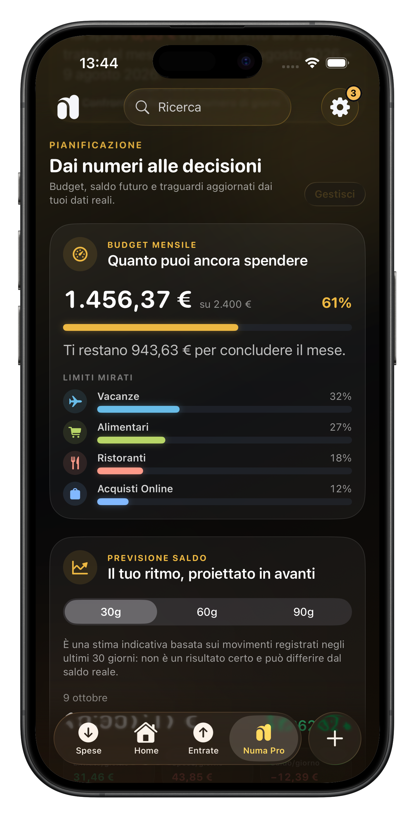 Budget mensile e previsione indicativa del saldo in Numa Pro