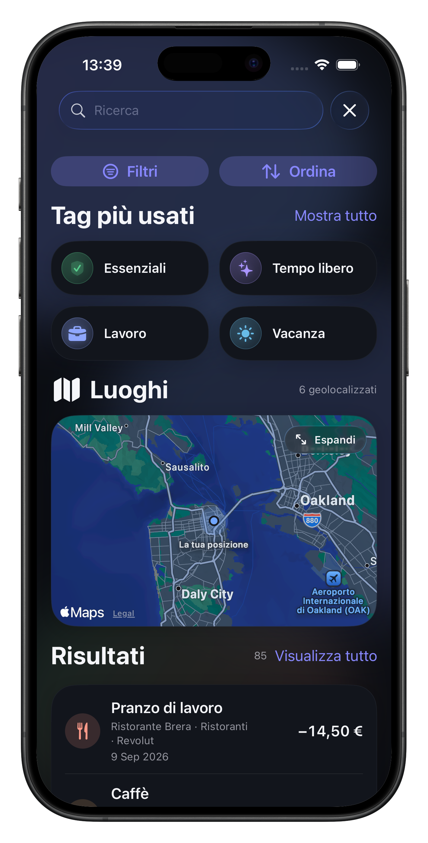 Ricerca dei movimenti con tag, luoghi e mappa in Numa